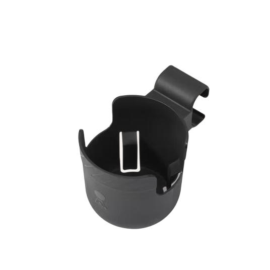 Black plastic bottle holder with clip for attaching to grill rails in outdoor living and grilling accessories collections