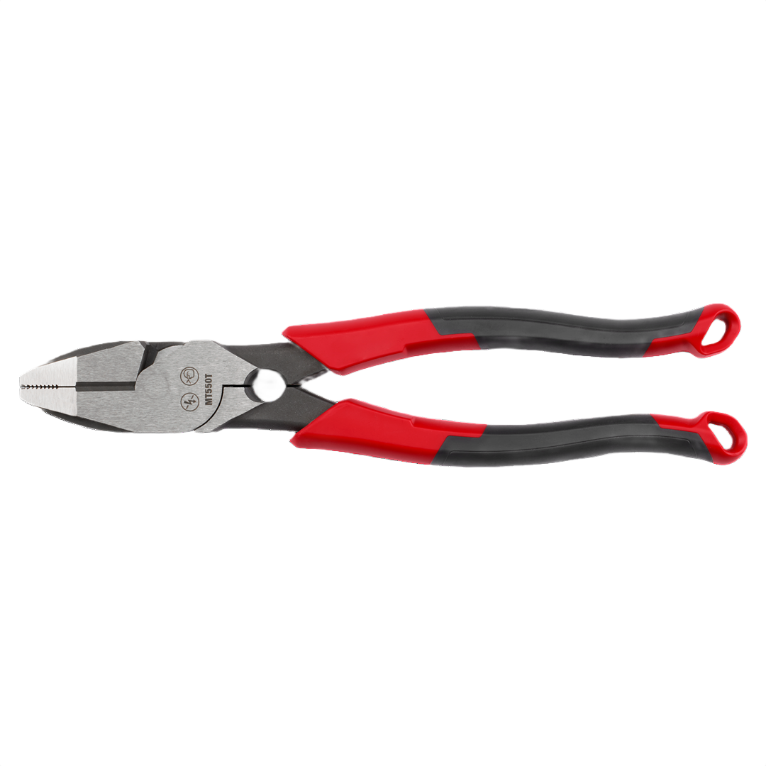 Nine-inch lineman’s pliers with ergonomic red and black comfort grip handles for home improvement use