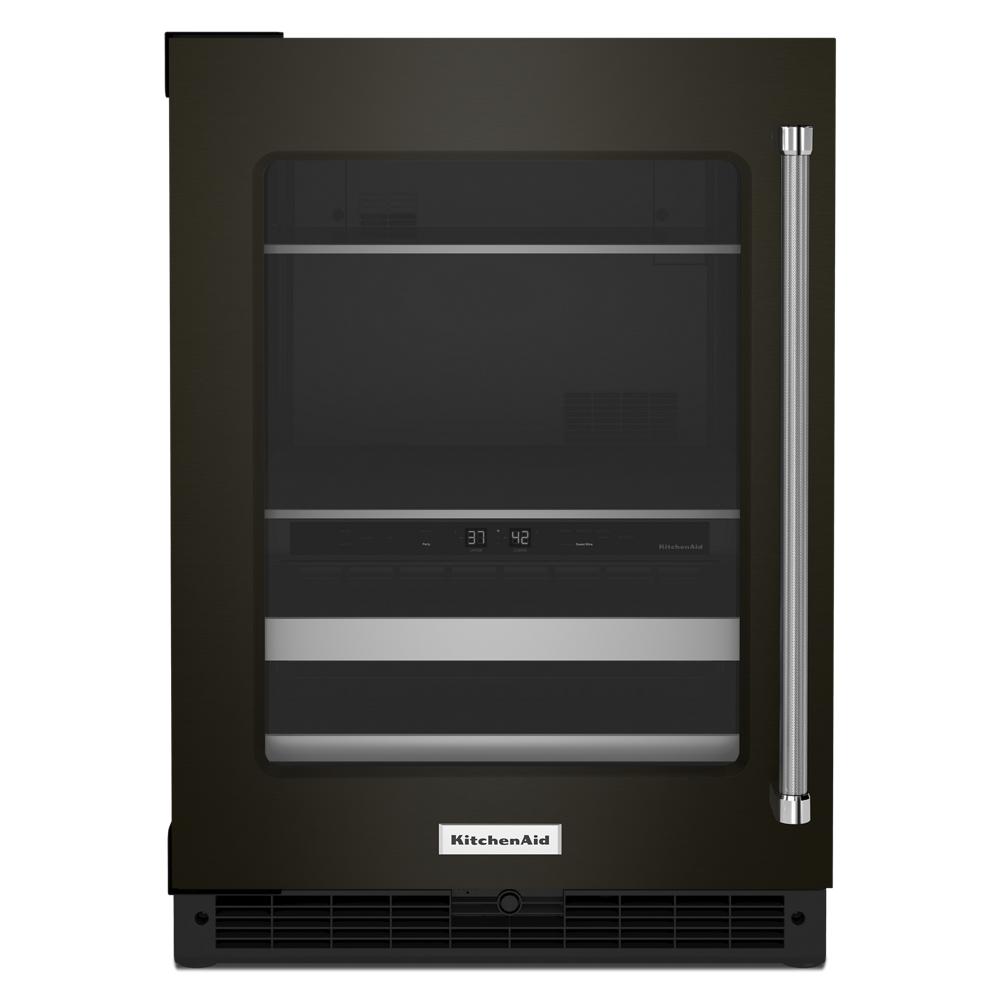 Undercounter beverage center with glass door, metal racks, PrintShield finish, and digital dual-zone temperature controls