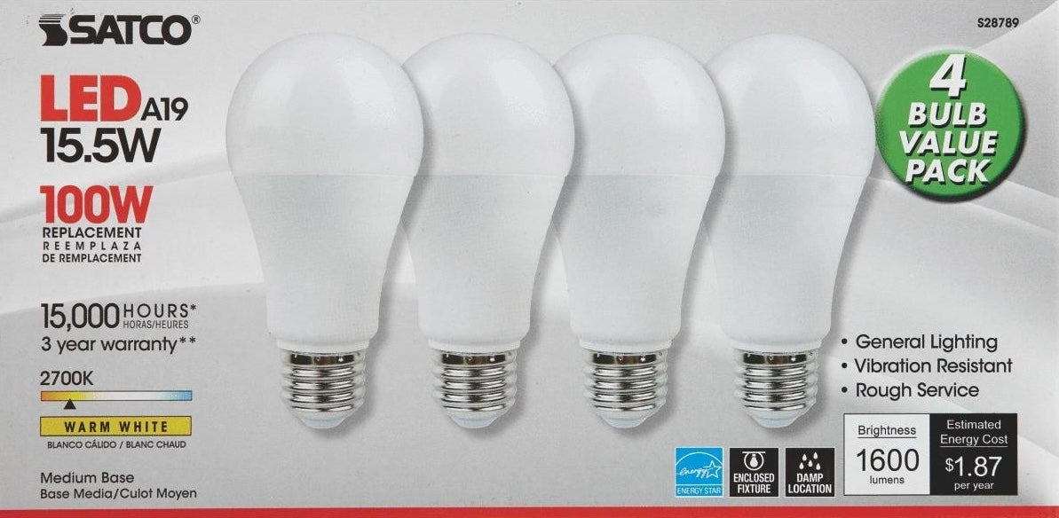Set of four warm white energy-efficient LED bulbs with medium base, ideal for home lighting and electrical use