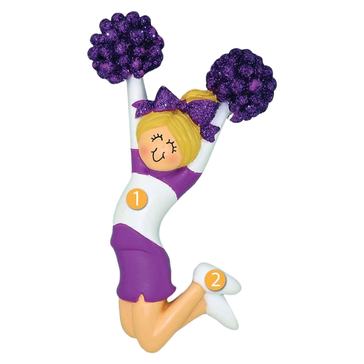 Personalized blonde cheerleader ornament wearing purple with glitter pom-poms from Christmas Ornaments & Tree Decorations under $50