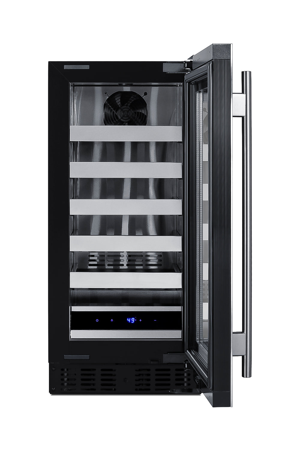 Built-in wine cellar with stainless steel shelving, glass door, and digital temperature display in beverage center collection
