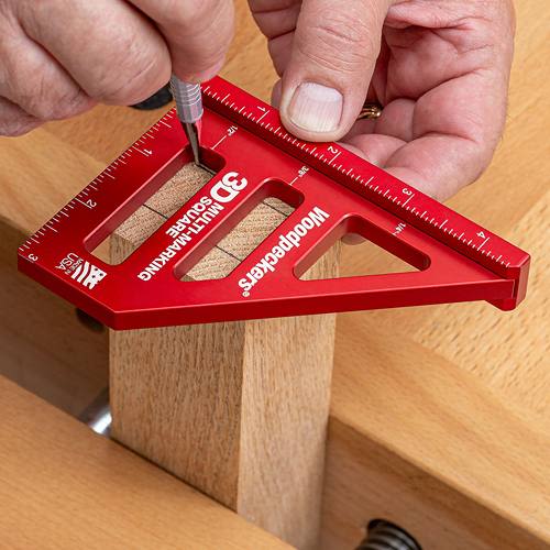 Red anodized multi-marking square with clear measurements for accurate woodworking layouts in hand and measuring tools collections