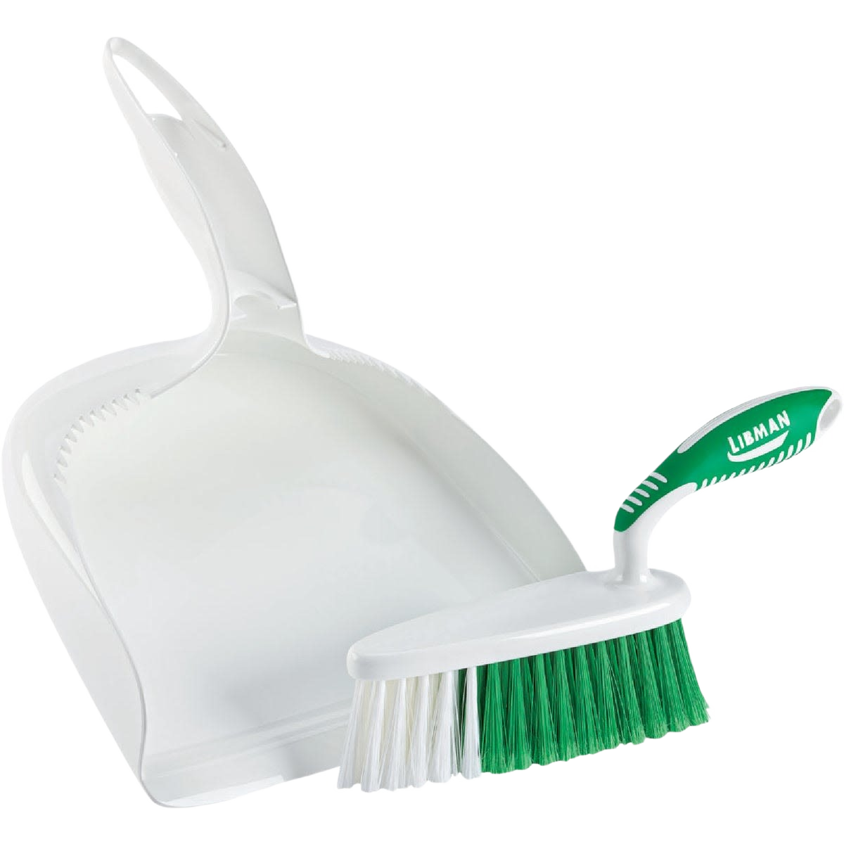 White plastic dustpan with large deep pan and green-bristled hand brush for efficient cleaning tools under $50