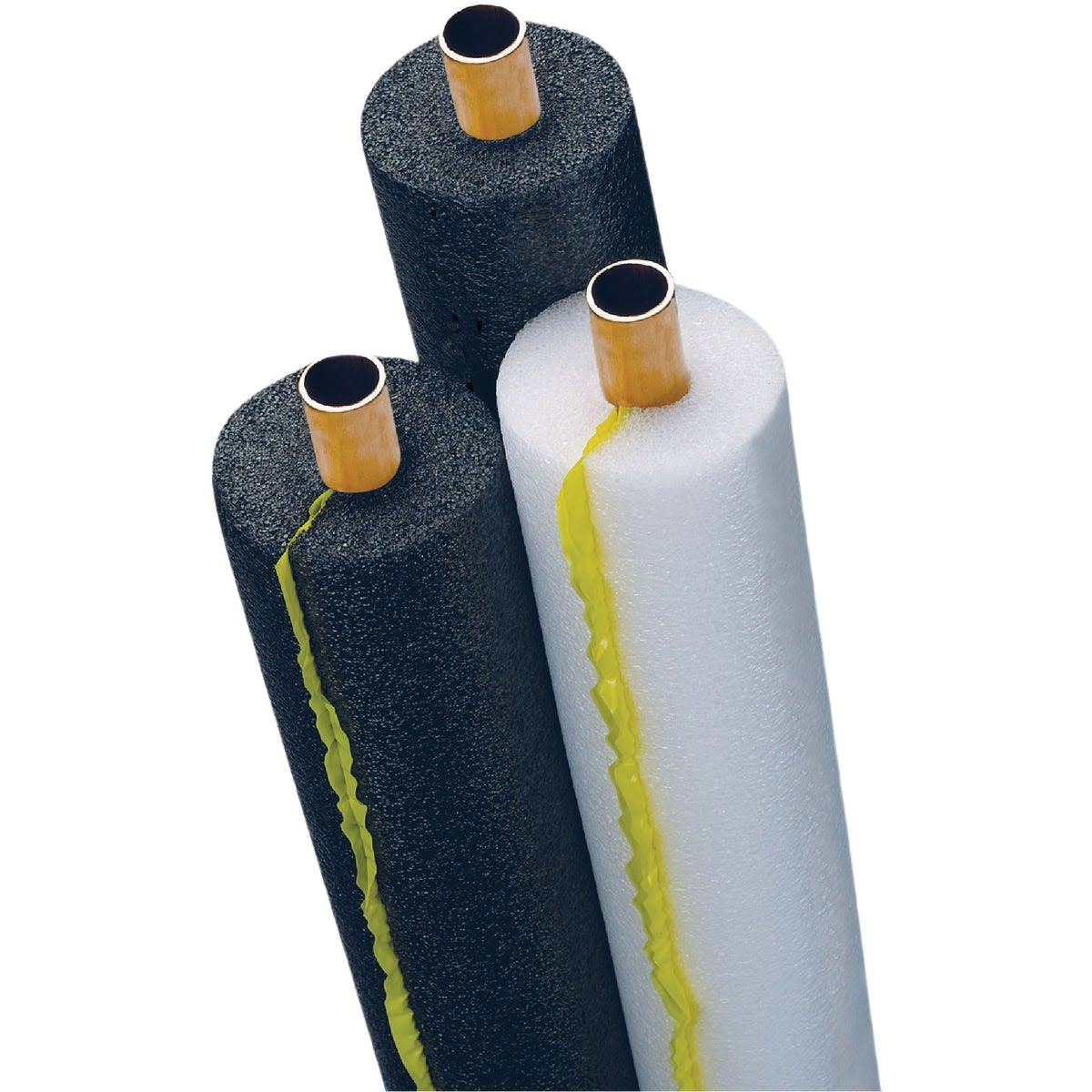 Black and white foam pipe insulation sleeves with self-sealing adhesive strips for plumbing and pipe protection collections