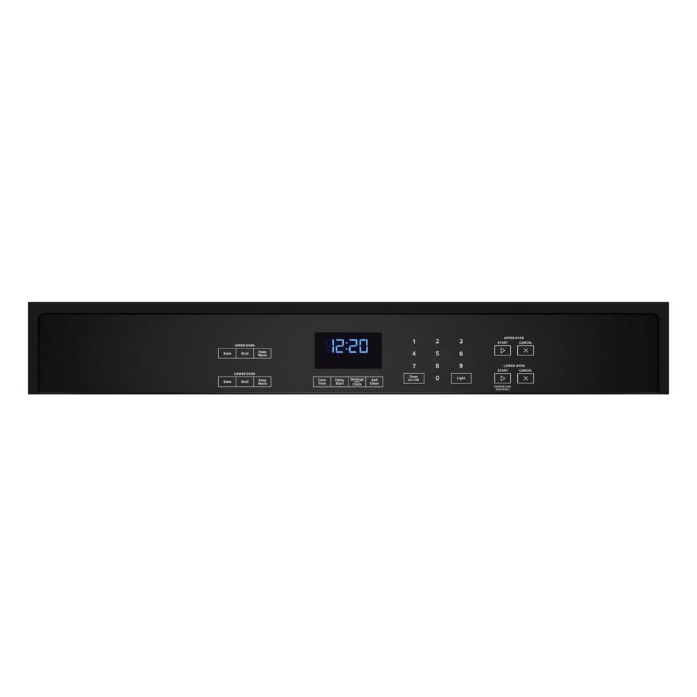 Black control panel with blue LED clock and touch controls for double wall ovens in kitchen appliances collection