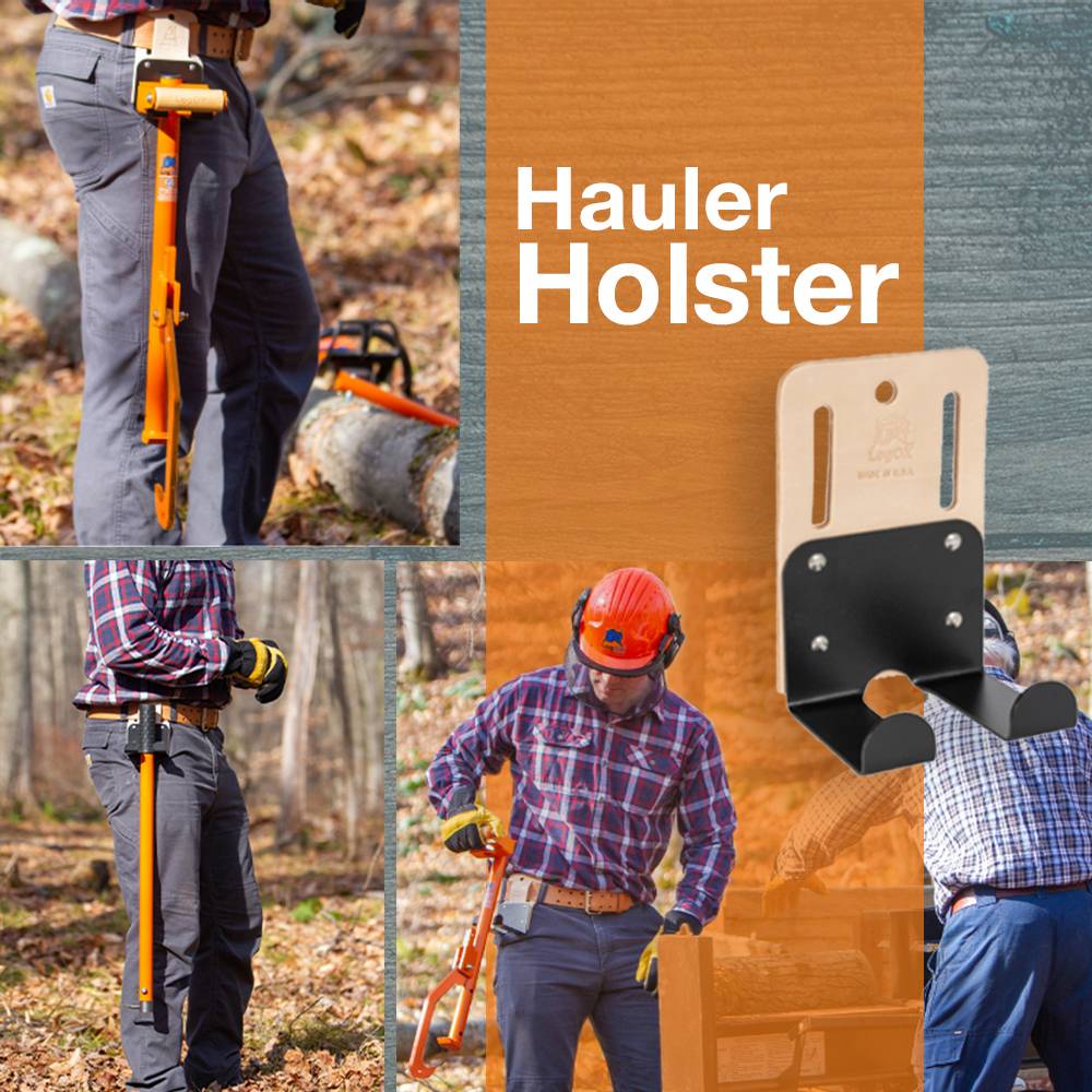 Person outdoors wearing a tool belt with an orange log handling tool secured in a hauler holster during woodcutting tasks