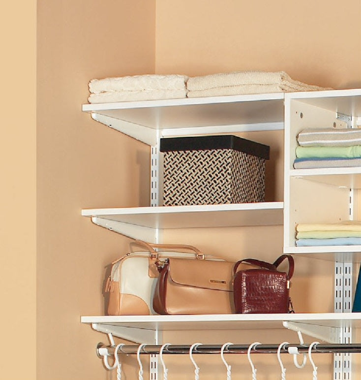White melamine shelving with radius edge band used for closet organization and storage accessories collections under $50