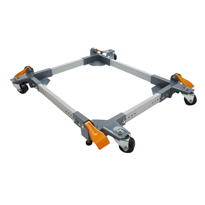 Steel adjustable mobile base with swivel caster wheels and locking orange levers for tool mobility in home improvement tasks