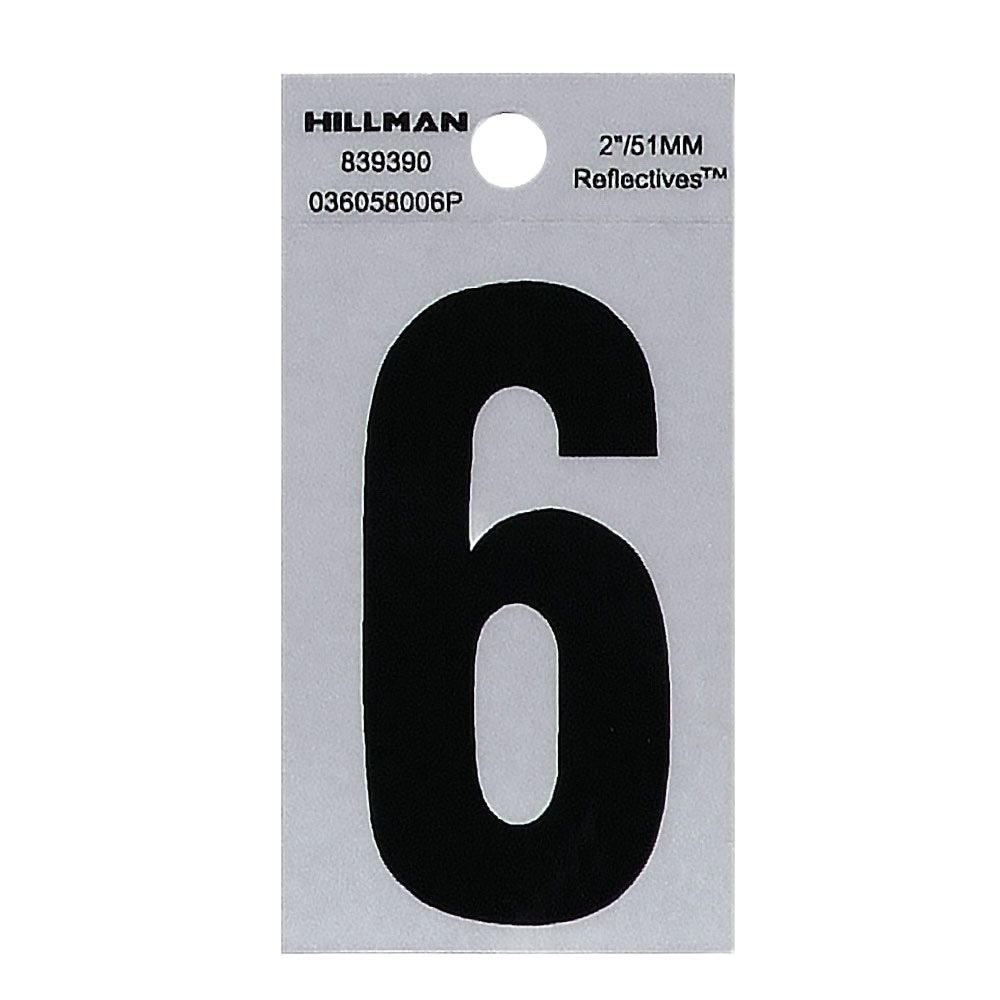 Black adhesive house number 6 on reflective silver vinyl for outdoor use in home improvement and signage collections under $25
