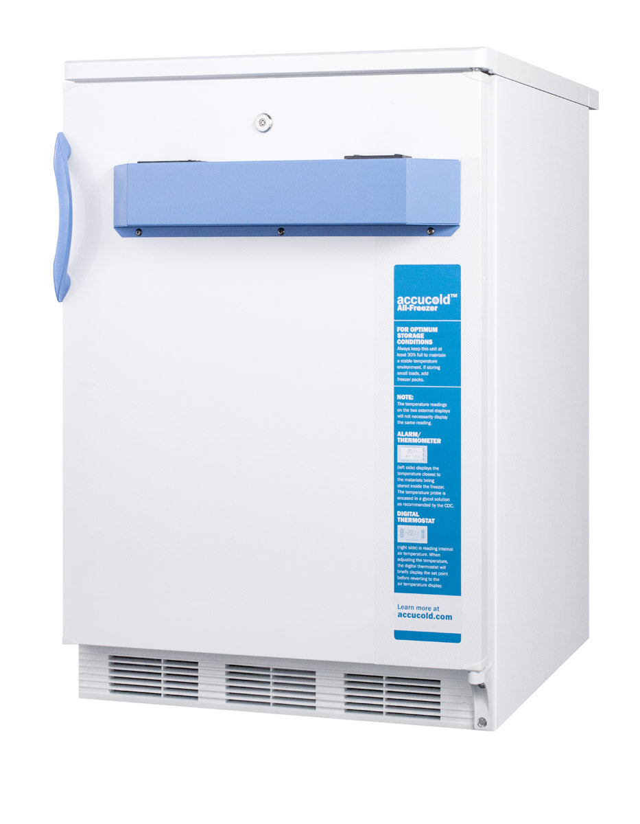 White built-in freezer with blue handle and control panel from freezer and appliances collection