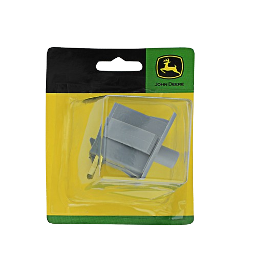 Gray push button switch with metal contacts packaged in branded John Deere yellow and green blister pack for tools and home use