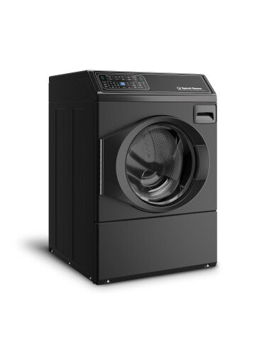 Matte black front load washer with left-hinged door and digital control panel in washers and appliances collections