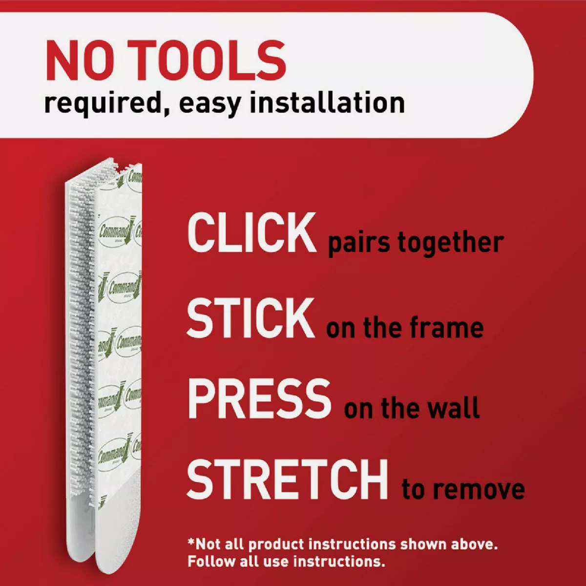Instructional graphic showing simple steps to install white picture hanging strips for damage-free wall mounting in hardware collections