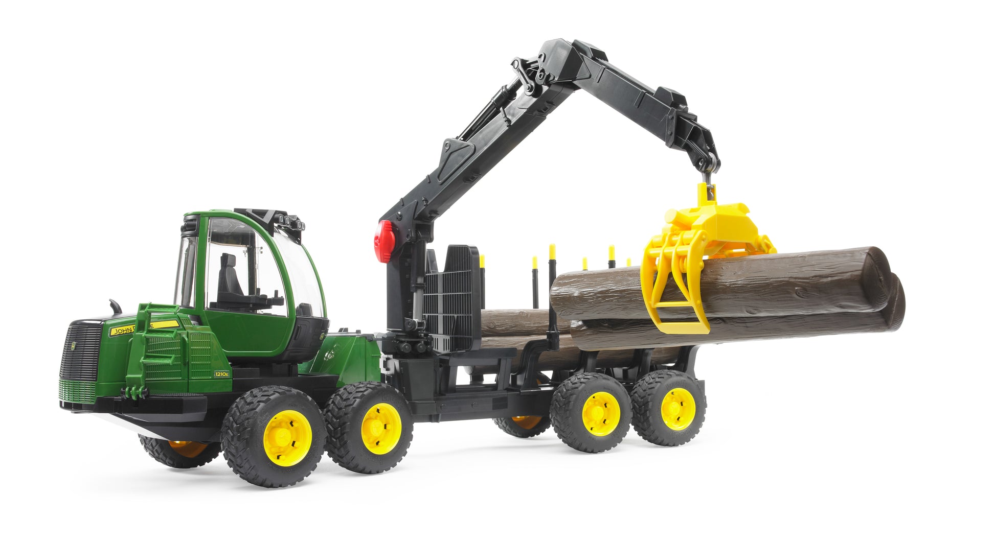 Green and yellow Bruder forwarder toy with articulated crane lifting logs for tools and home improvement play