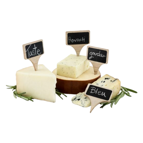 Set of four wooden cheese markers with chalkboard labels for kitchenware and entertaining under fifty dollars