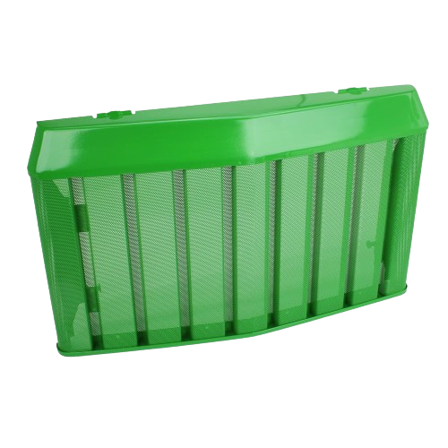 Green metal front grille with mesh design for John Deere machinery in parts and home improvement collections