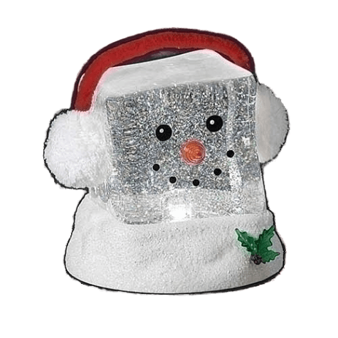 Cube-shaped snowman decoration with red earmuffs, glittery snow base, and green holly accent for indoor Christmas decor under $50