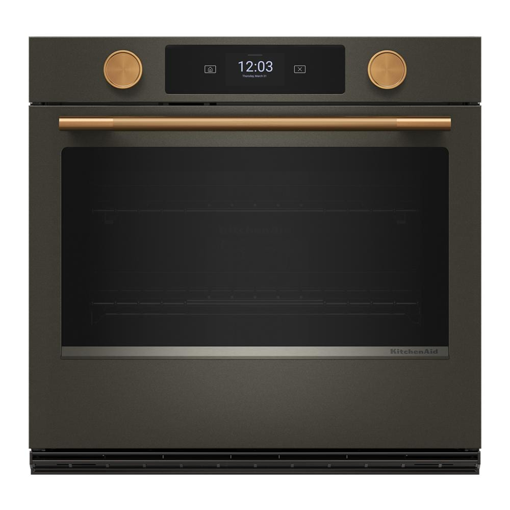 Front view of a black ore 30-inch smart electric single wall oven featuring a digital display, dual bronze-tone control knobs, and matching bronze handle, part of Single Wall Ovens, Wall Ovens, Kitchen & Kitchenware, KitchenAid, Appliances collections for home improvement.