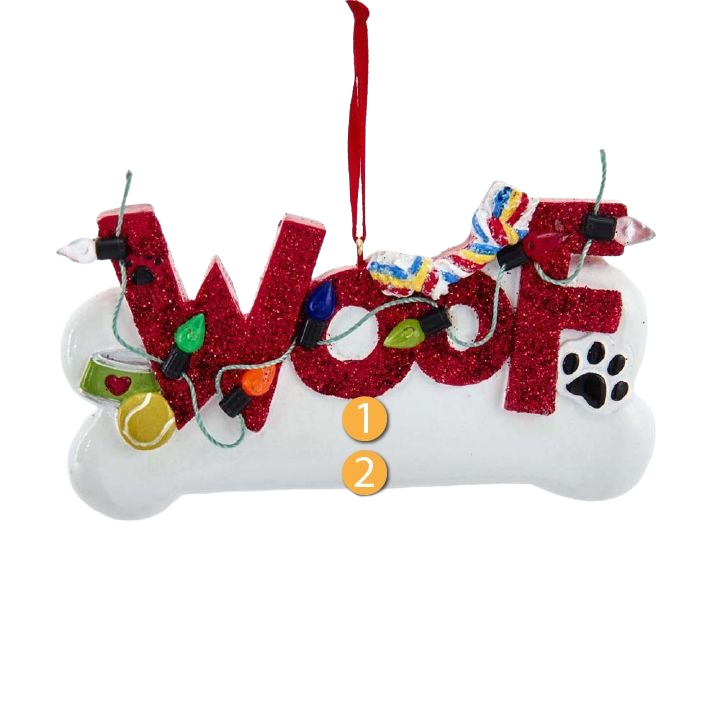 Red glitter WOOF dog ornament with holiday lights on white bone for Christmas tree decorations under $50
