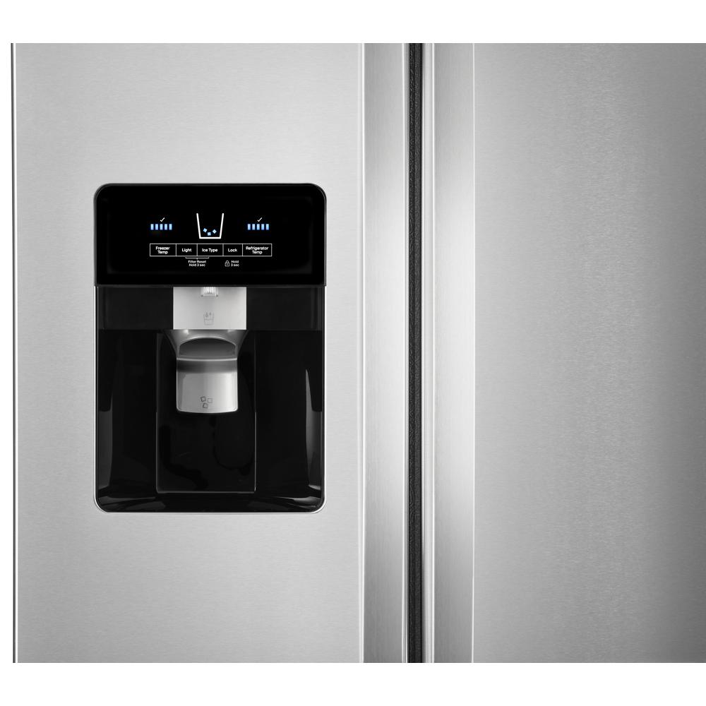 Detail view of a stainless steel side-by-side refrigerator door with an electronic water and ice dispenser from kitchen appliances collection