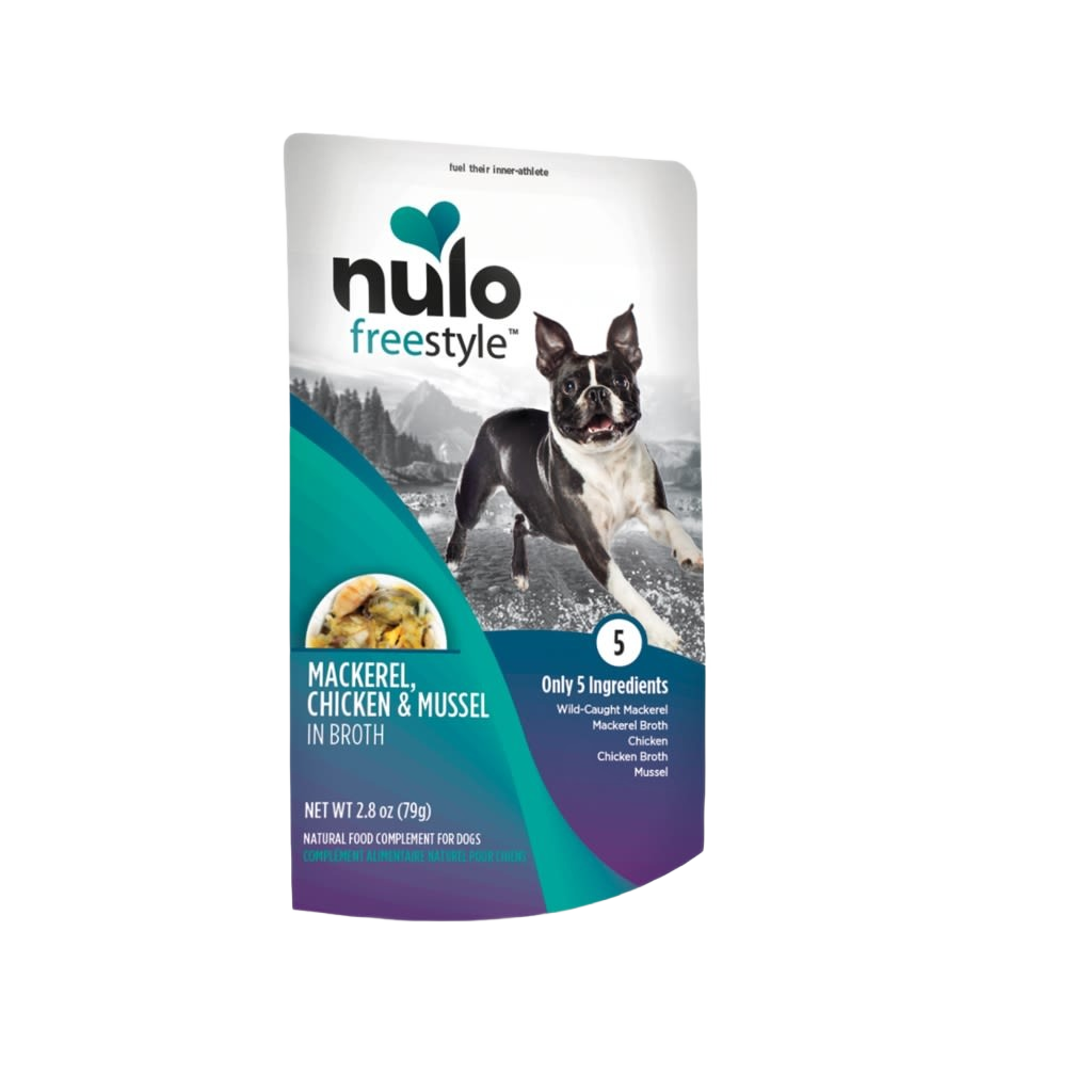 Nulo Freestyle dog food topper with mackerel, chicken, and mussel in broth, packaged in a 2.8 oz pouch