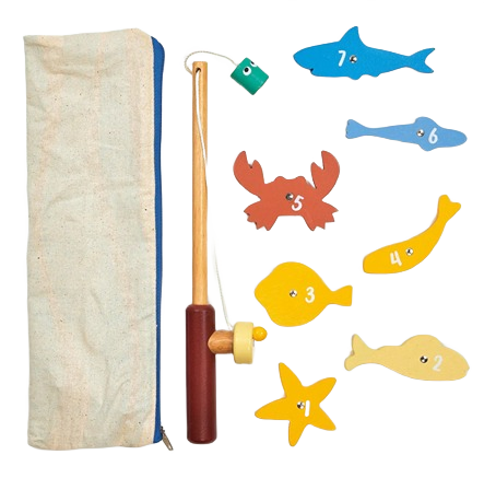 Wooden fishing game set with colorful sea creatures and magnetic rod for interactive pretend play in Toys & Games collection