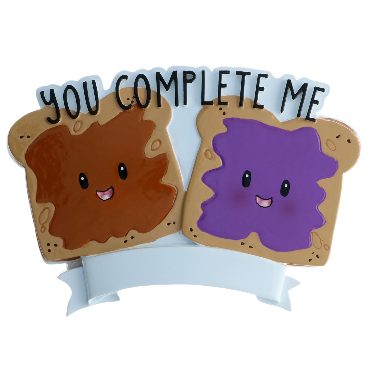Peanut butter and jelly toast ornament with smiling faces and "You Complete Me" text for holiday tree decor under $50 collection