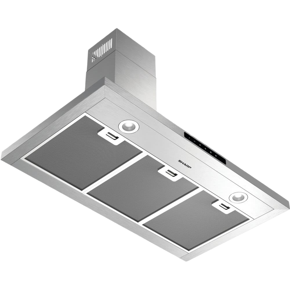 stainless steel 36-inch wall mounted chimney hood with triple filters and LED lights in kitchen appliances collection
