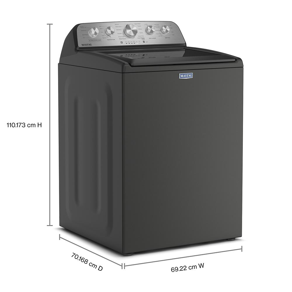 Black top load washer with silver control panel featuring multiple dials, designed for laundry and appliance use