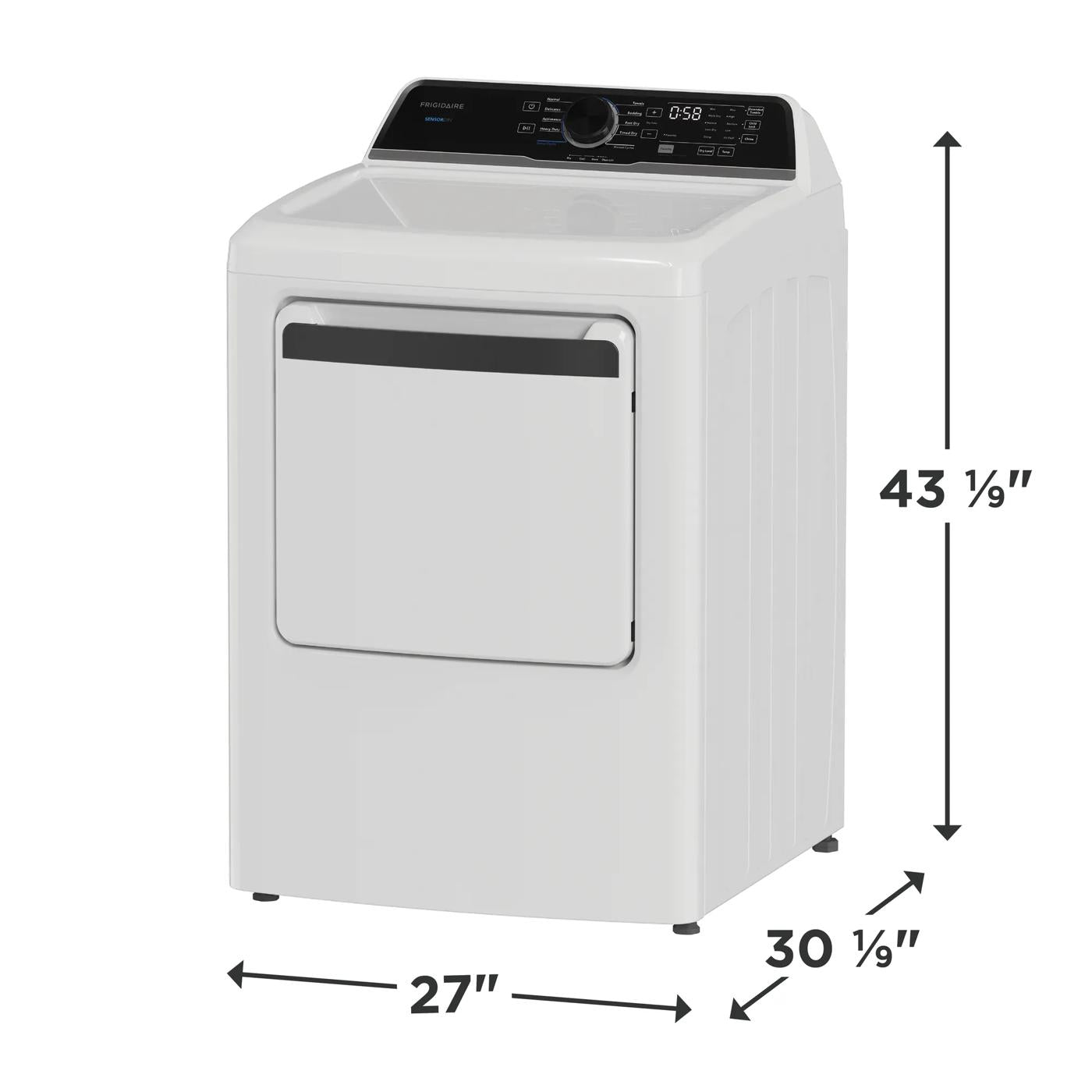 White gas dryer with electronic control panel and black door handle, shown with dimensions in a product display setting