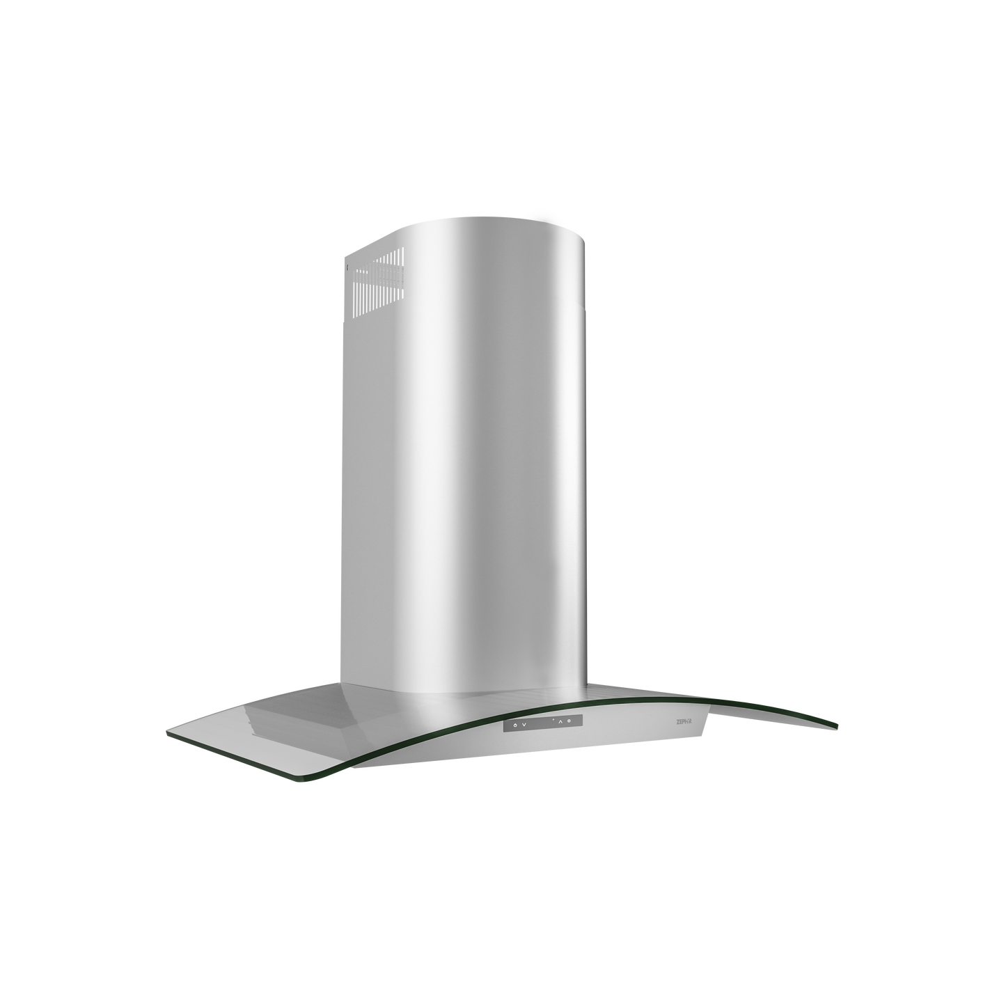 Curved glass canopy chimney hood in stainless steel with digital controls, part of kitchen and over the range hoods collection