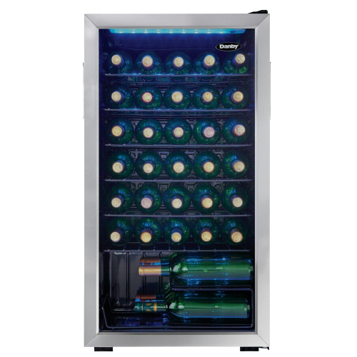 36 Bottle Wine Cooler, Interior Blue LED Lighting, Wire Shelves