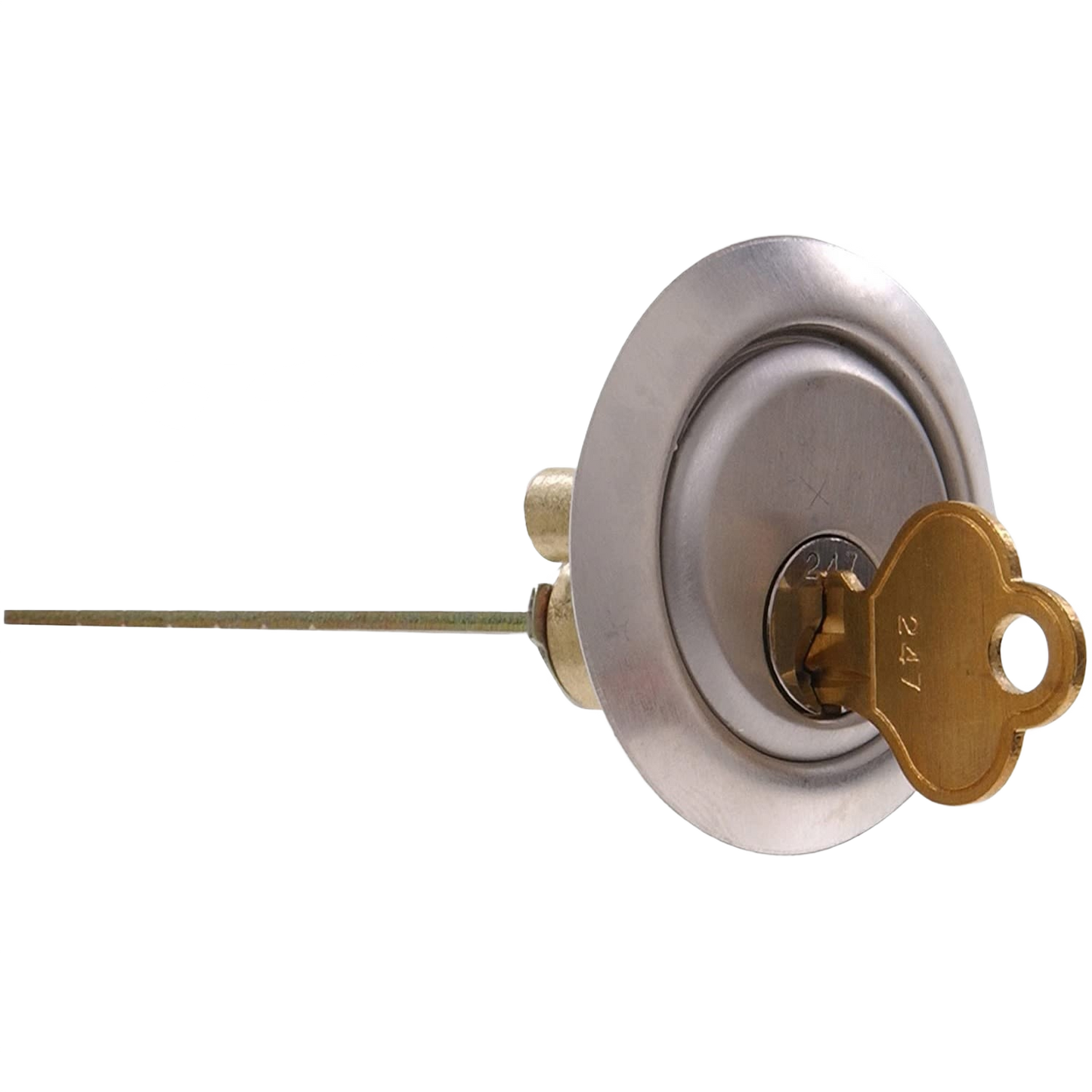 Aluminum finish rim cylinder lock with brass key inserted, designed for home improvement and security use