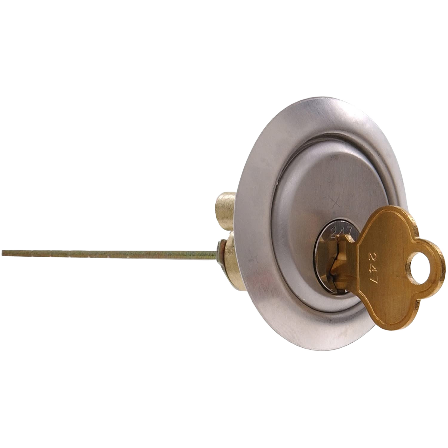 Aluminum finish rim cylinder lock with brass key inserted, designed for home improvement and security use