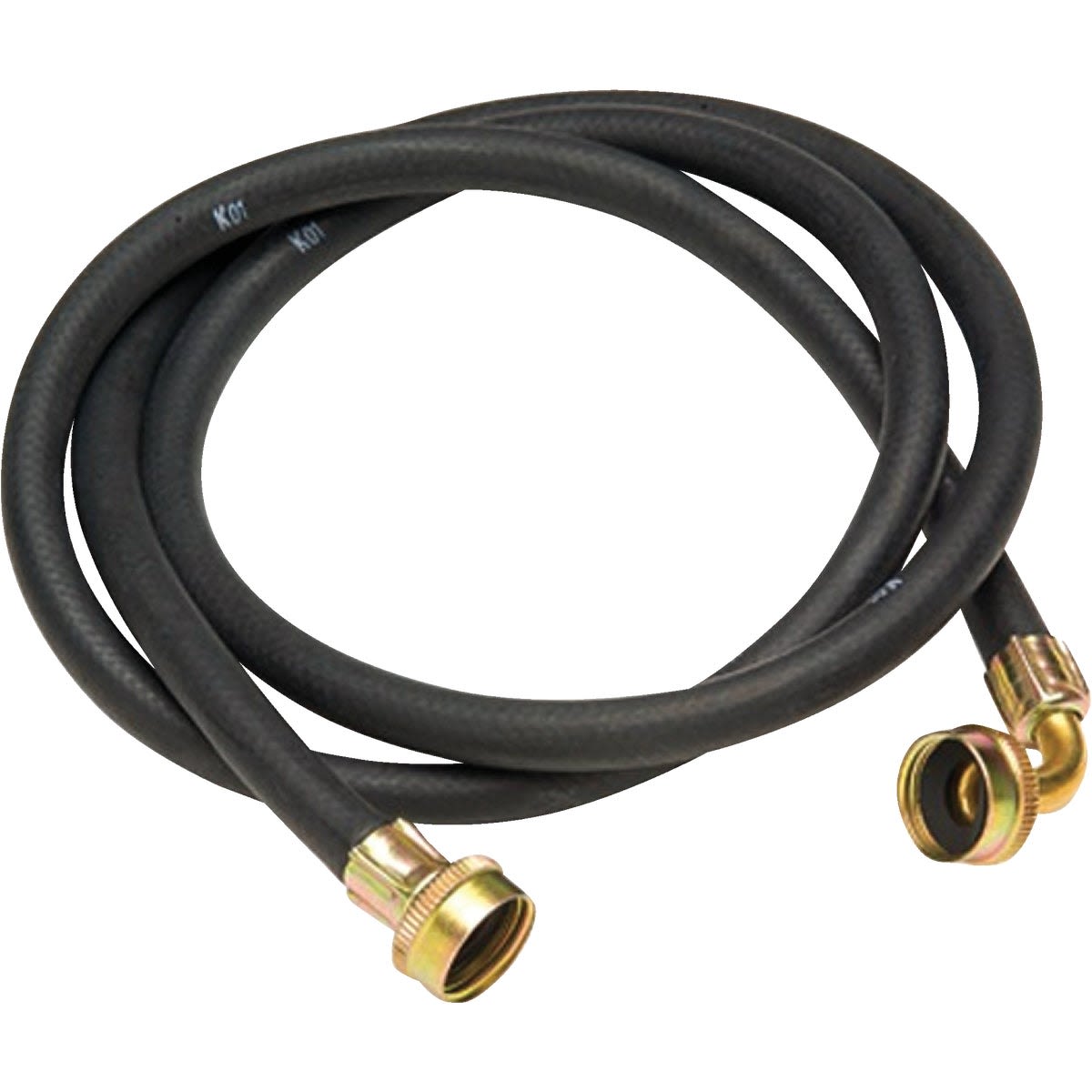 Black rubber washing machine inlet hose with brass fittings and 90-degree bend in plumbing parts under $50 collection