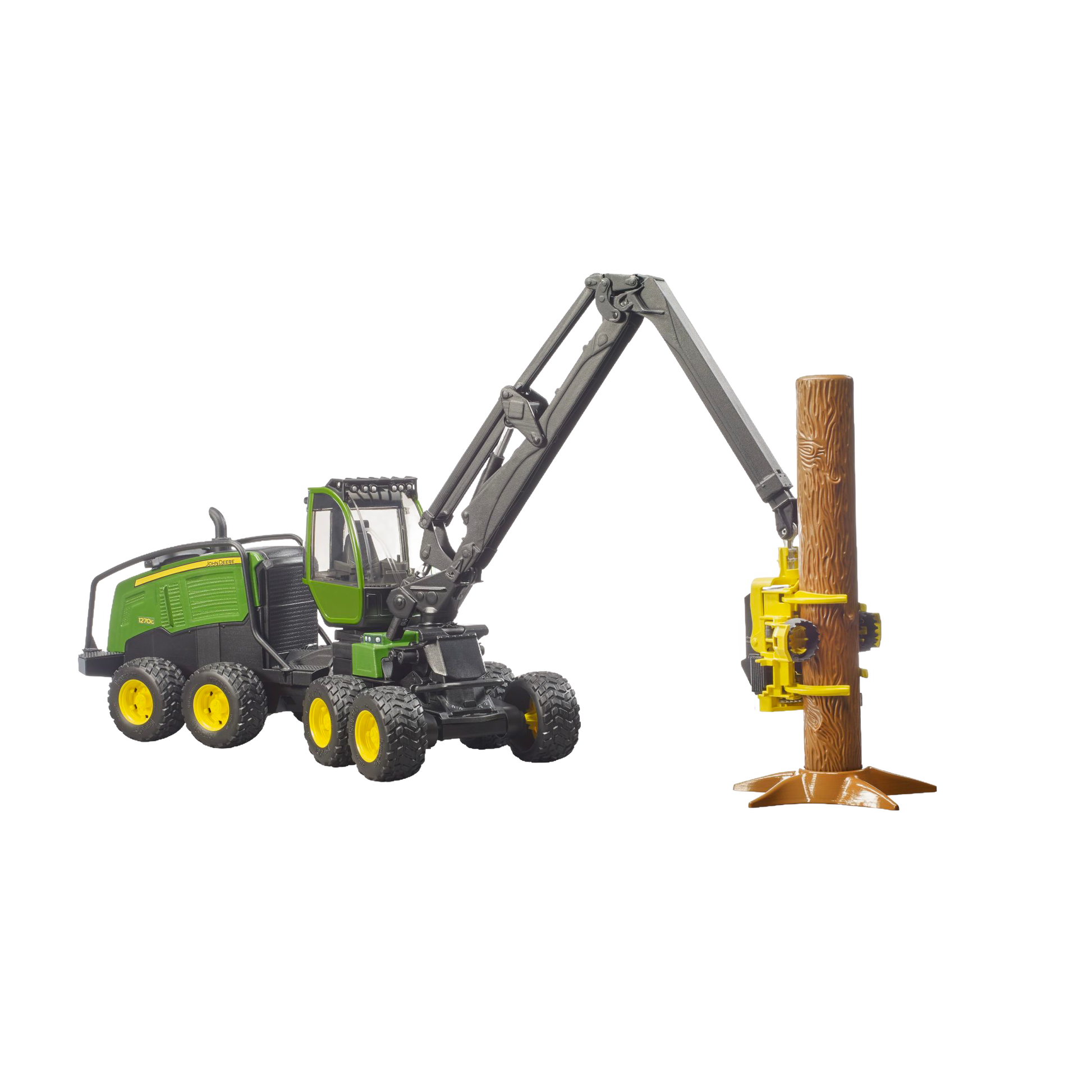 Green and yellow wheeled harvester toy with articulated arm holding a detailed brown log from Bruder Toys collection