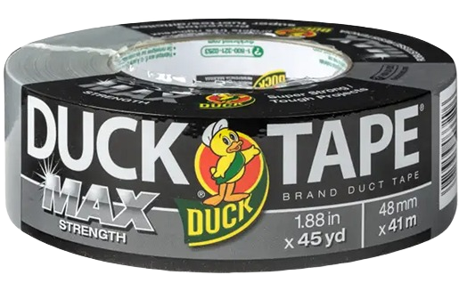 Black Duck Max Strength duct tape roll with bold logo for durable home improvement and tape dispenser collections