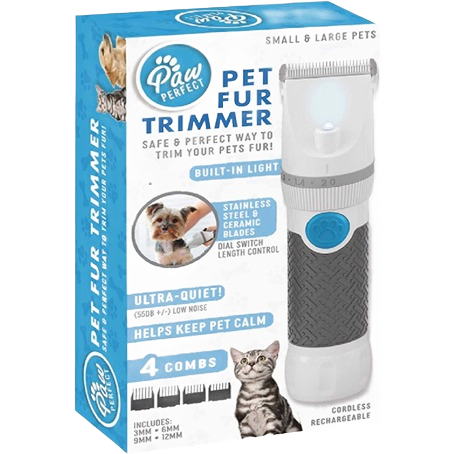 Pet fur trimmer with built-in light, adjustable length dial, and cordless rechargeable design for small and large pets