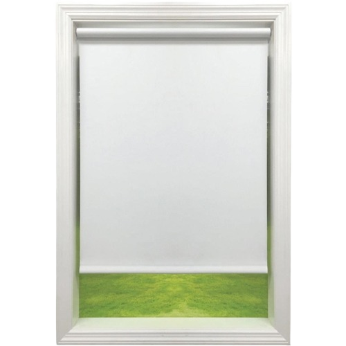 White vinyl roller shade in window frame providing light filtering and privacy for home improvement projects