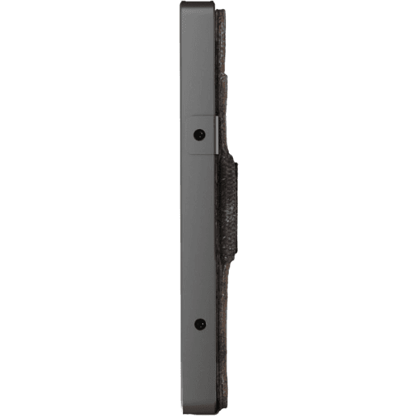 Slim gun metal and brown leather wallet with elastic strap and silicone grip for card and cash storage in accessories collections