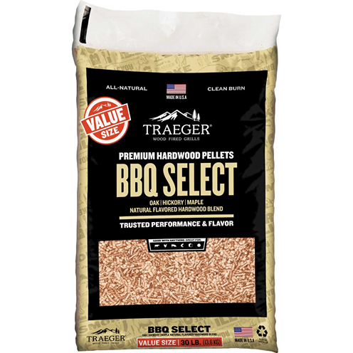 30-pound value size bag of Traeger BBQ Select hardwood pellets for outdoor grilling and lawn care collections