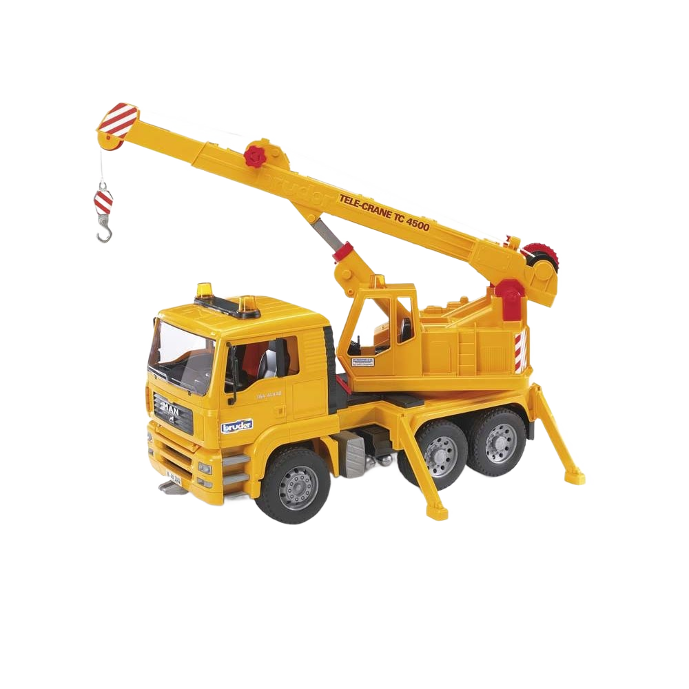 Yellow model crane truck toy with extendable arm and stabilizing outriggers for realistic play scenarios