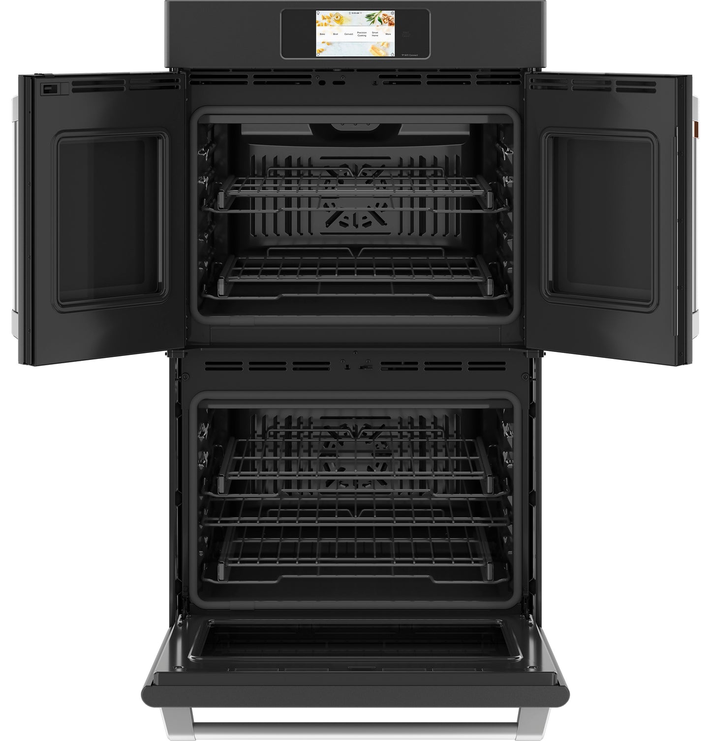 Open double wall oven with two convection compartments and digital touchscreen in kitchen appliances collection