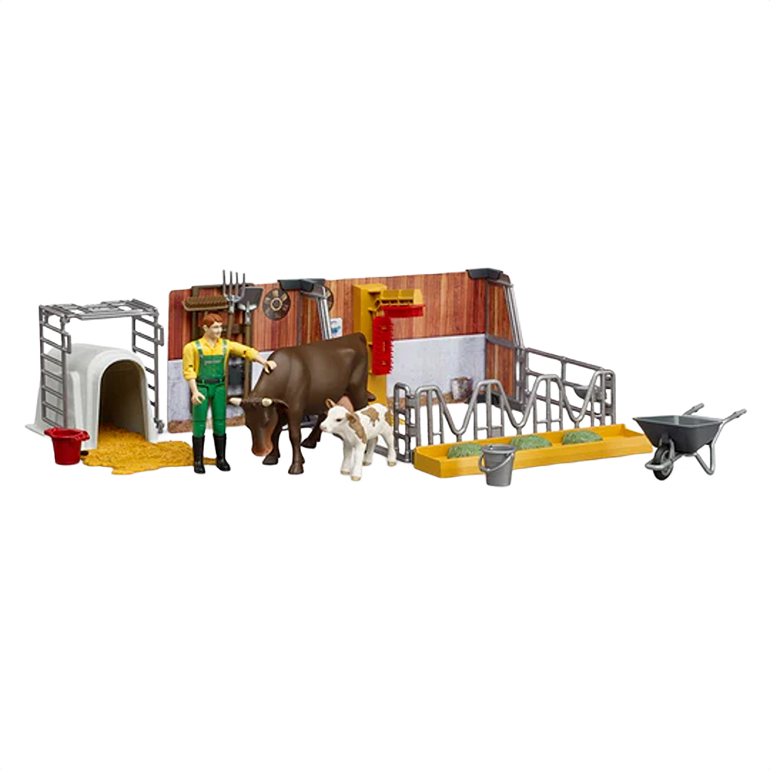 Farm playset featuring farmer figure with brown cow, white calf, barn, feeding trough, and farming tools accessories