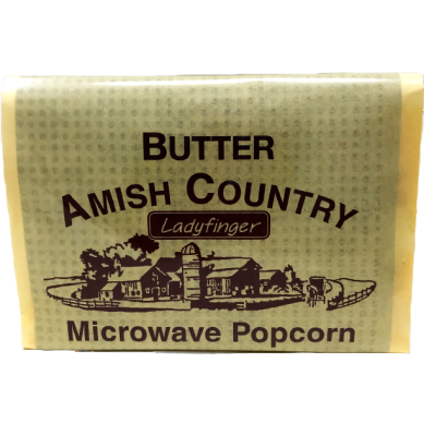 Small individual pack of butter-flavored Amish Country Ladyfinger microwave popcorn in rustic packaging