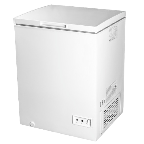 White chest freezer with up front temperature control and ventilation panel for kitchen and home appliance use