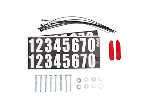 Set of black and white reflective number stickers with mounting screws, washers, cable ties, and red adhesive reflectors for home use