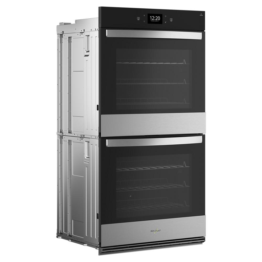 stainless steel and black double wall oven with digital display and multiple cooking racks for kitchen appliances