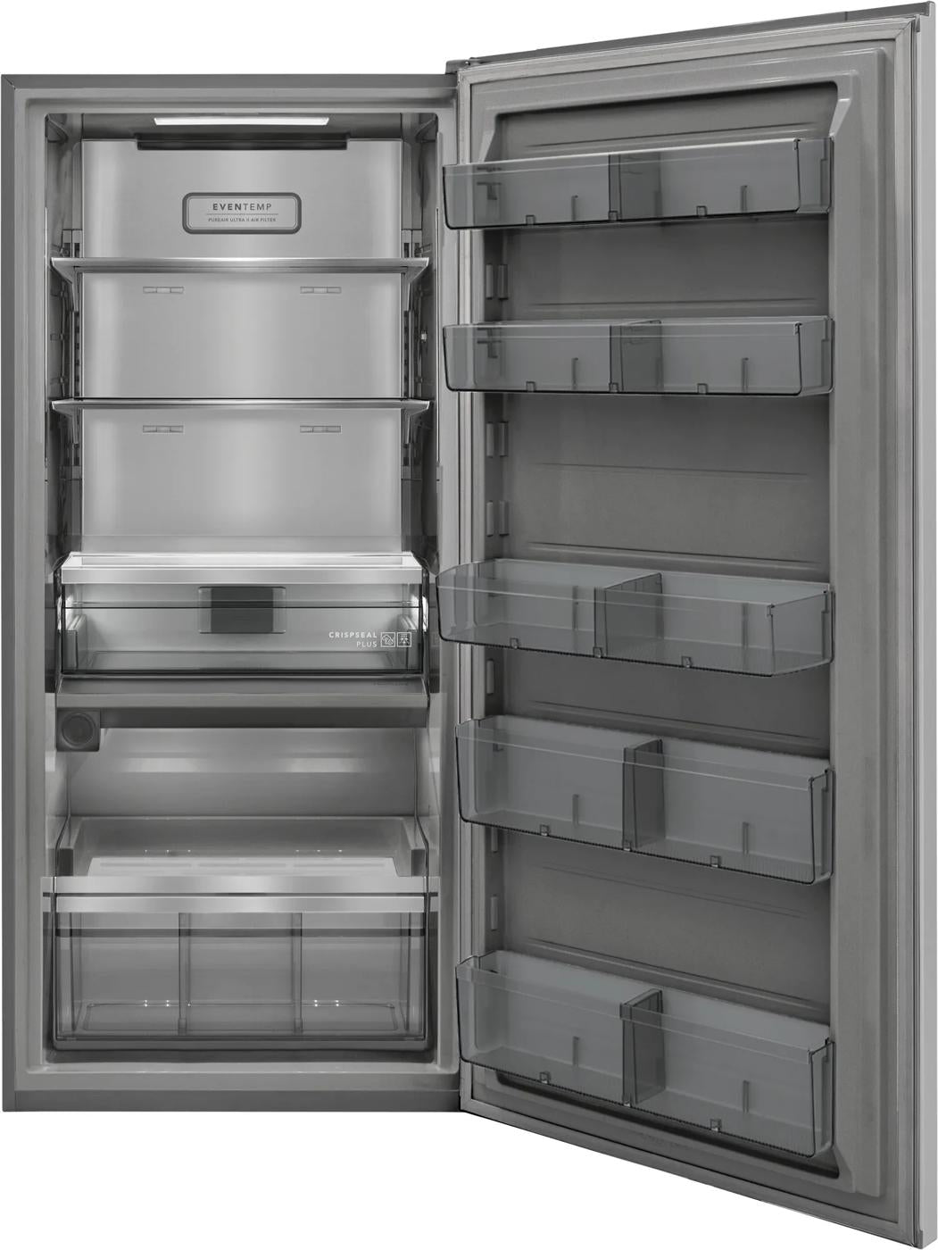 open smudge-proof stainless steel single-door refrigerator showing adjustable shelves and door bins for kitchen appliances